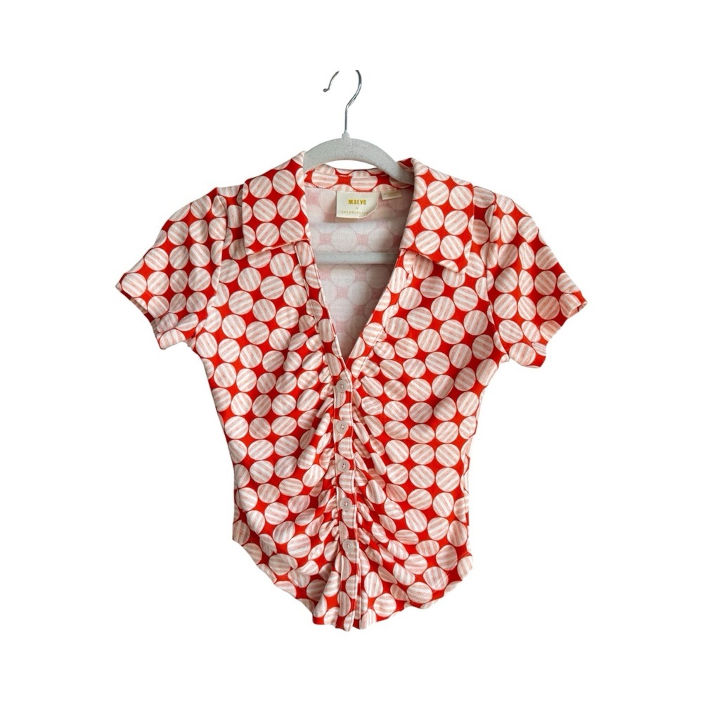Anthropologie Maeve Ruched Button Front Blouse Orange Polka Dot Retro Mod XXS‎